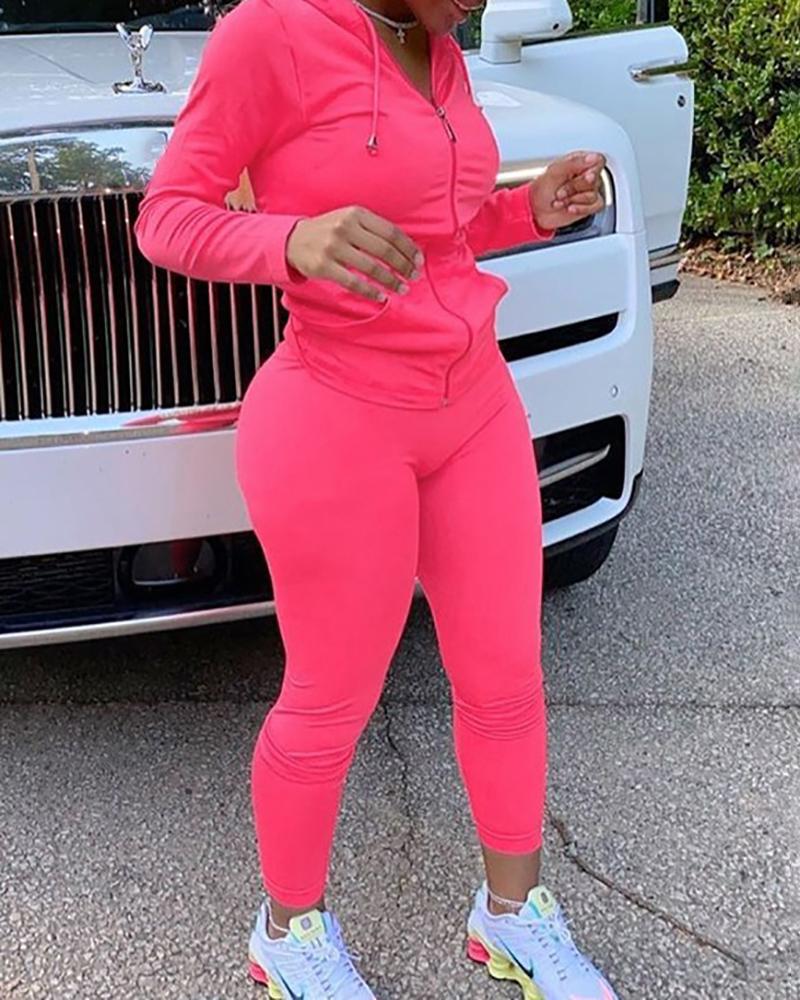 

Zipper Front Drawstring Hooded Top & Skinny Pants Set, Hot pink