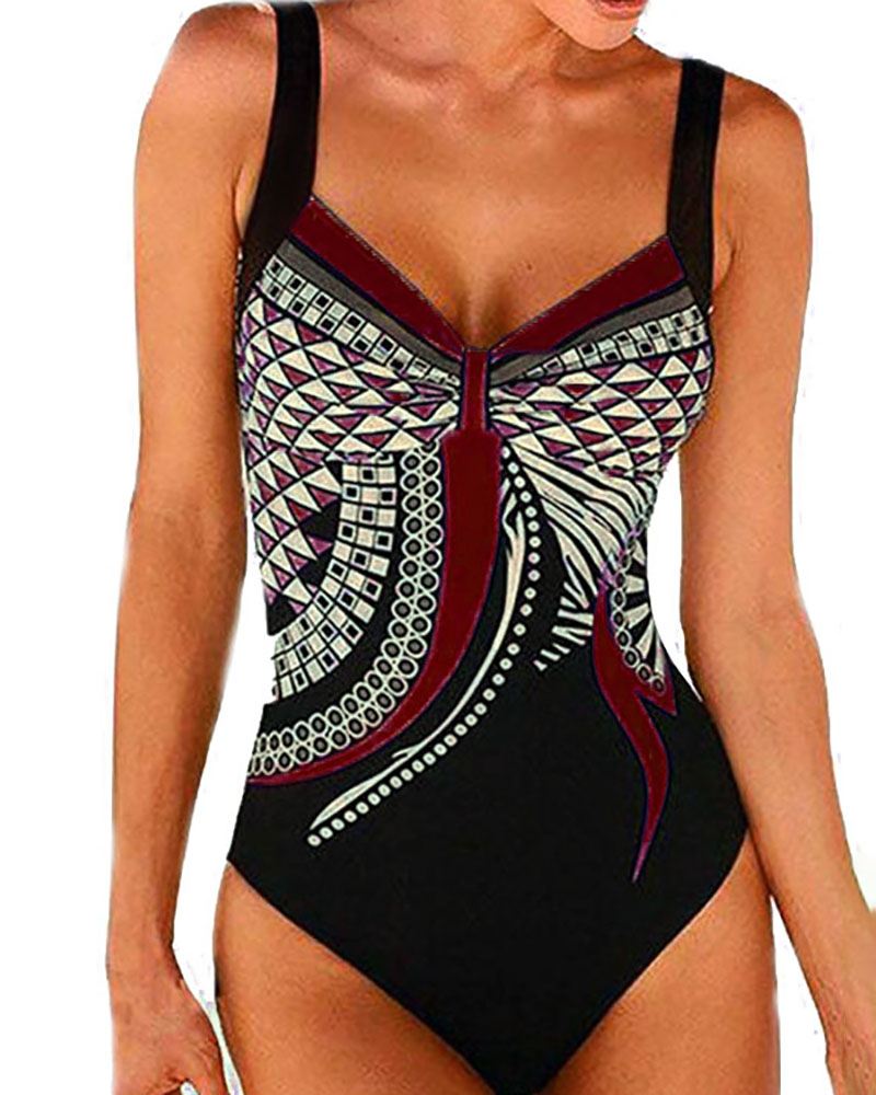 

Backless Retro Print One Piece Swimsuit, Wine red