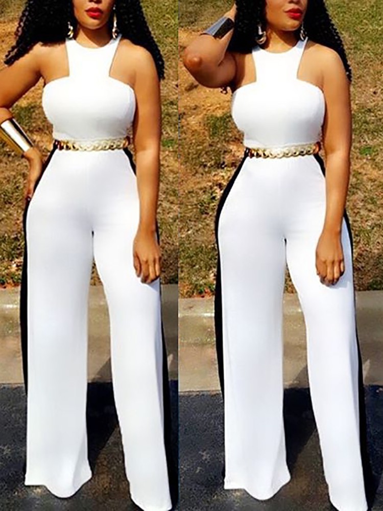 Fashion Plain Cut Out Patchwork Jumpsuit