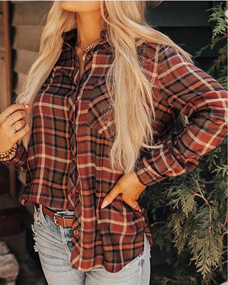 

Plaid Print Long Sleeve Button Down Shirt, Wine red