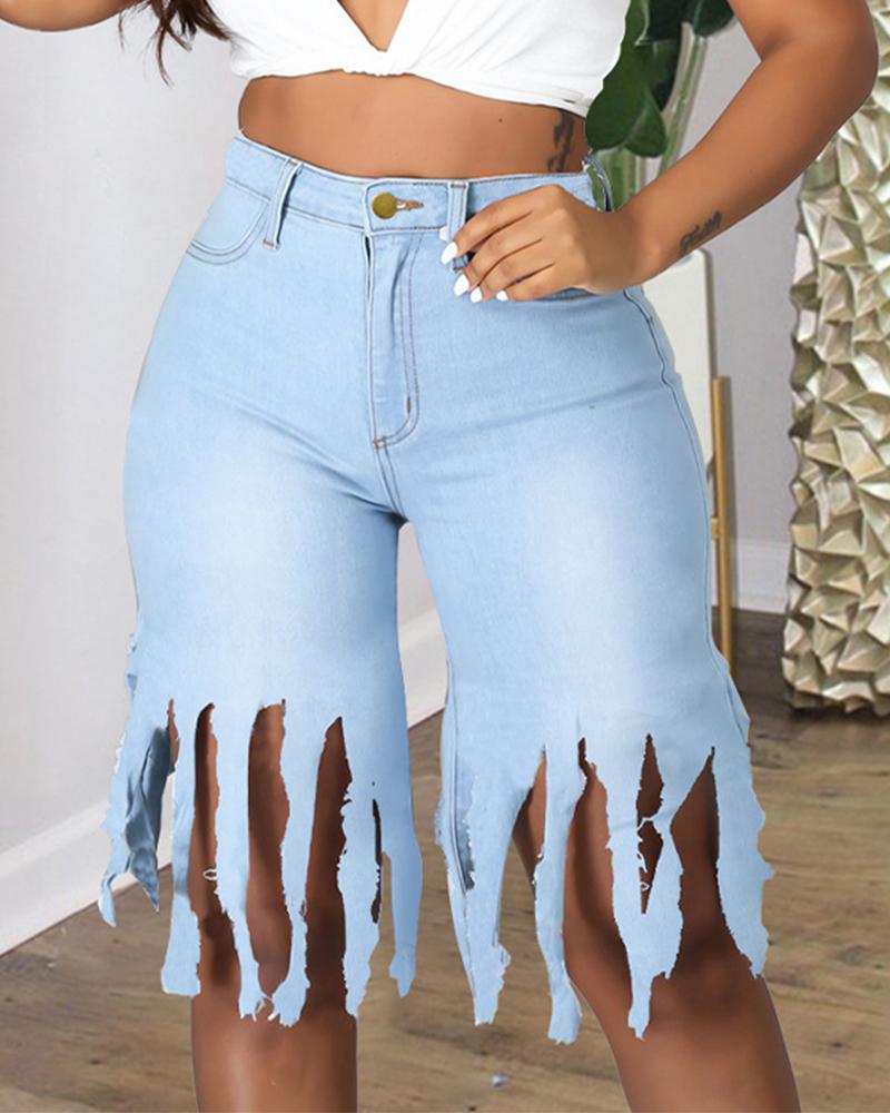 

High Waist Tassel Trim Jeans, Lighted blue