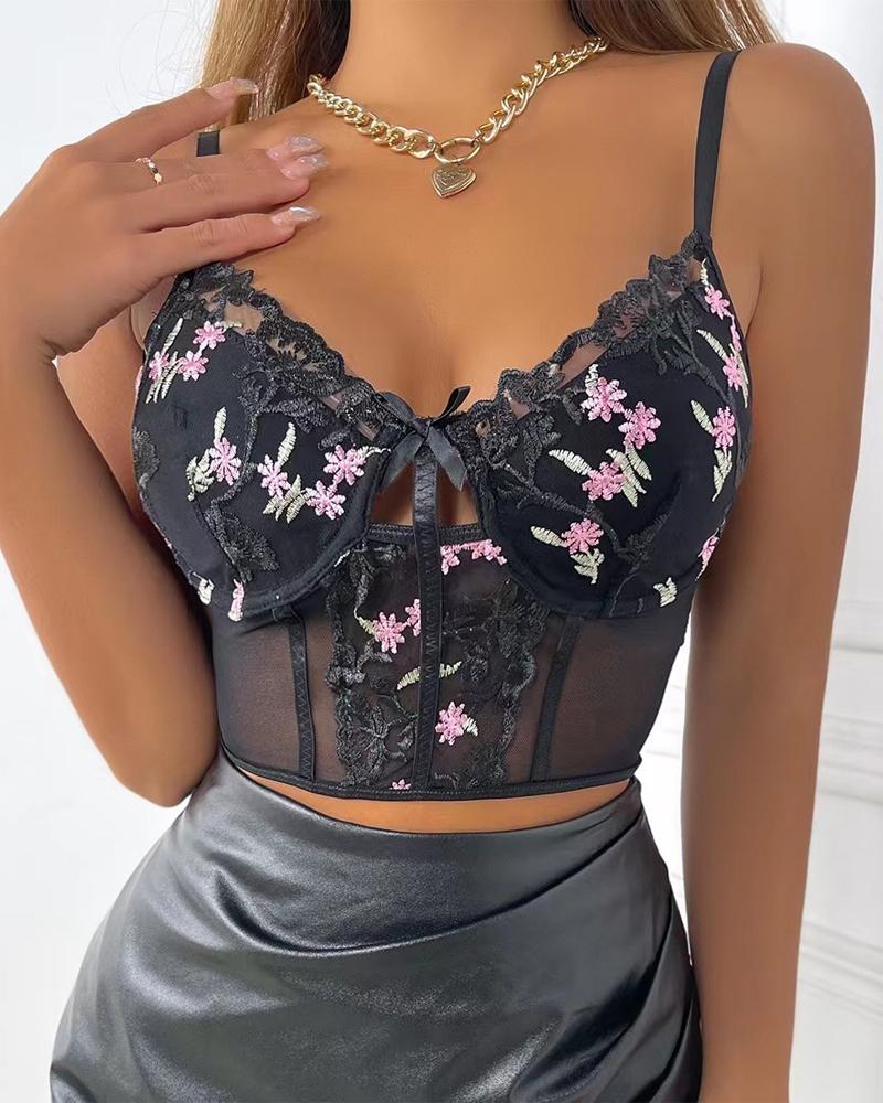 

Embroidery Floral Bowknot Decor Lace Crop Cami Top, Black