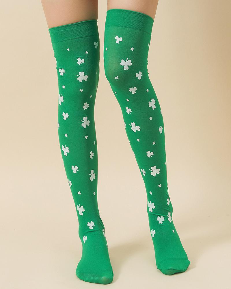 

St. Patrick's Day Shamrock Print Long Stockings, Green