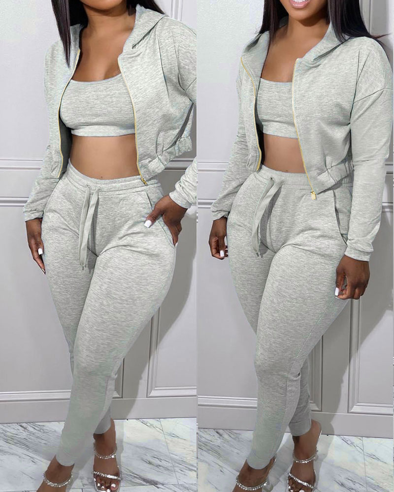 3PCS Crop Cami Top & Pants Set With Zip Up Coat