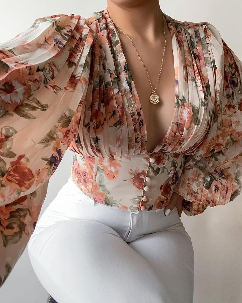 

Floral Print Buttoned Ruched Lantern Sleeve Top, Apricot