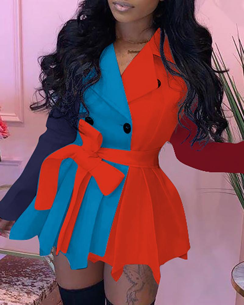 

Colorblock Long Sleeve Blazer Women Dress, Orange