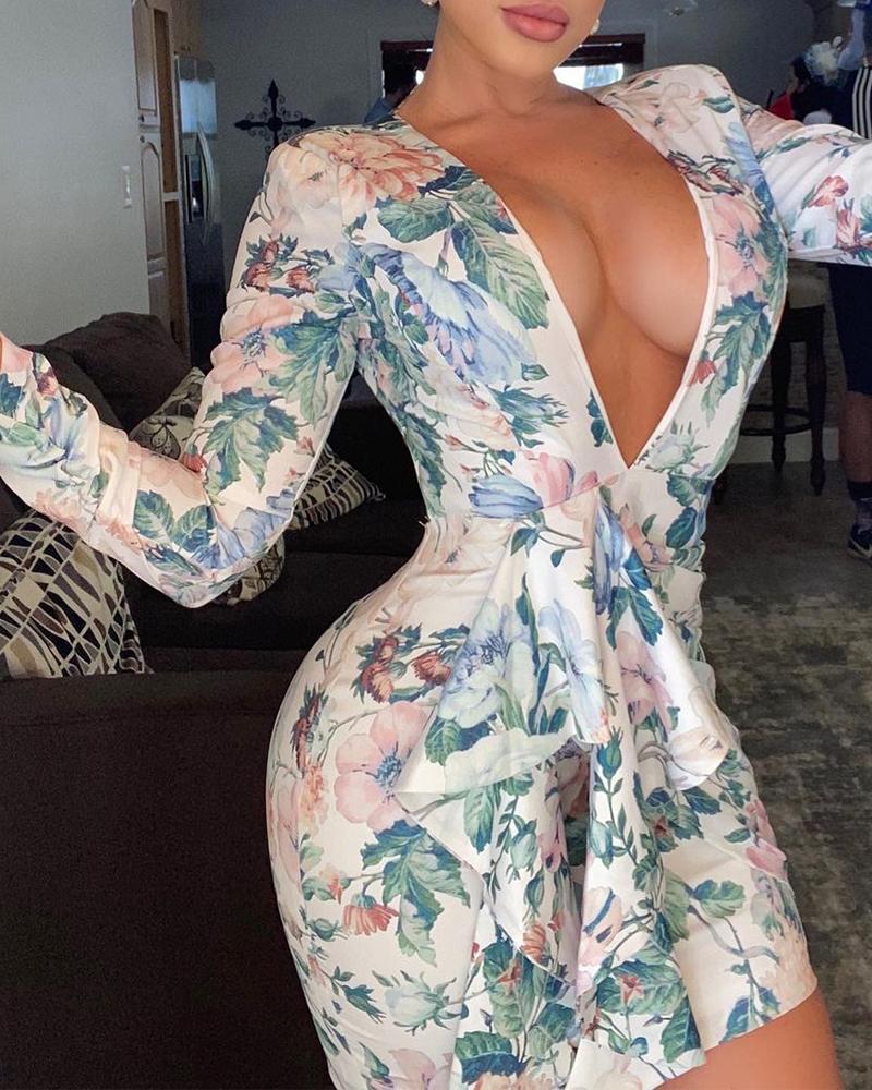 Floral Print Deep V Neck Open Back Mini Dress