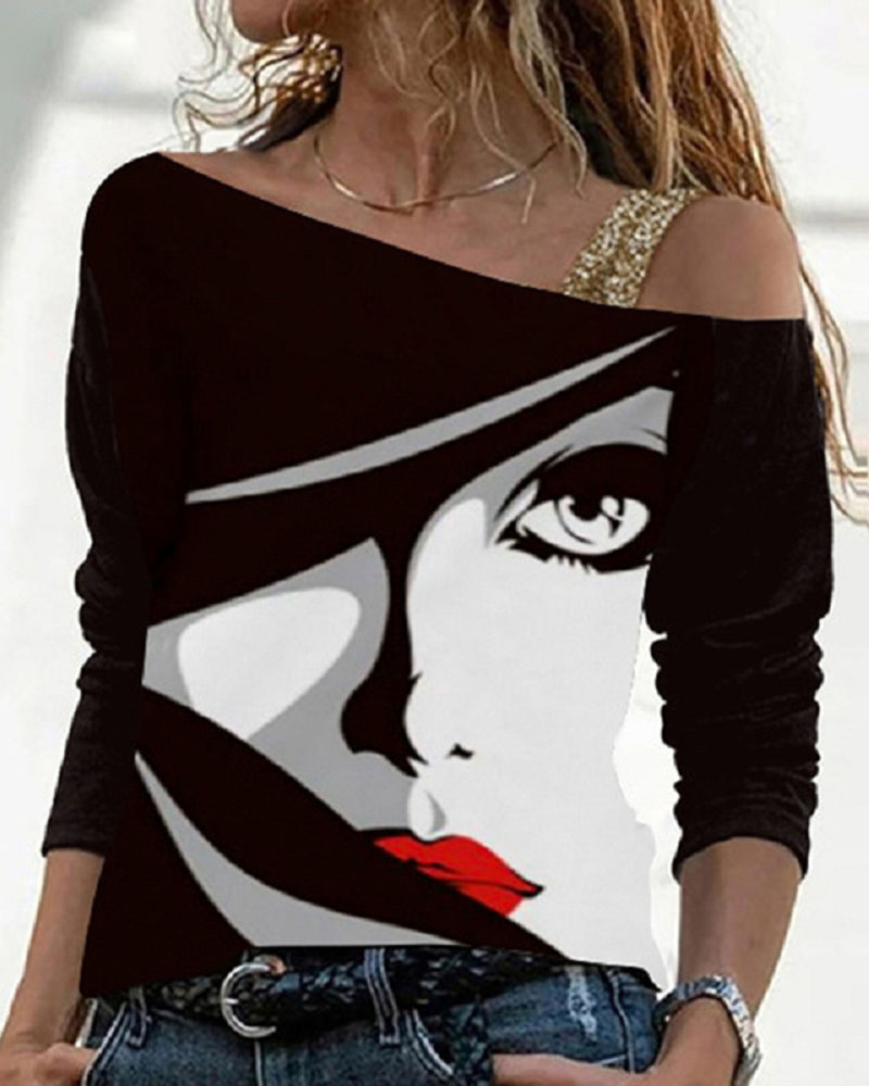 

Abstract Figure Print Cold Shoulder Top, Black
