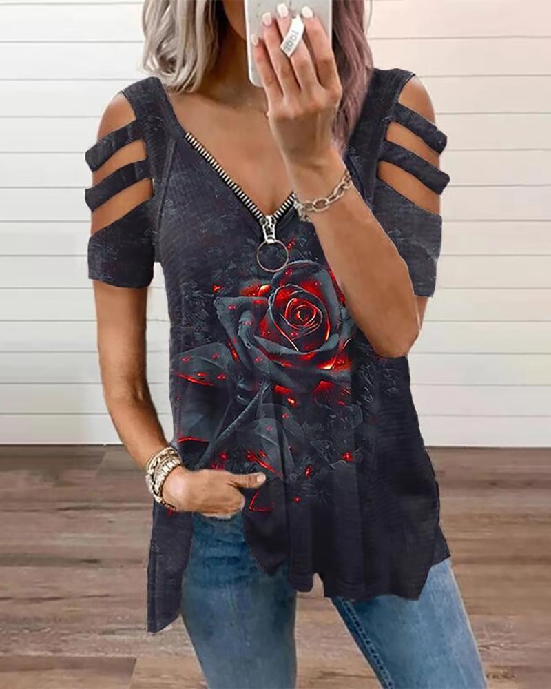 

Floral Graphic Print Short Sleeve Zipper Design Top, Gray