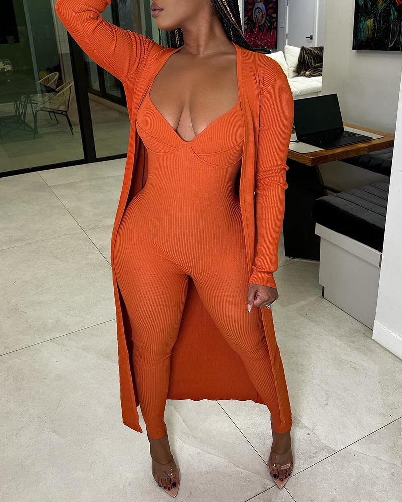 

Sleeveless Jumpsuit & Open Front Longline Coat Set, Orange