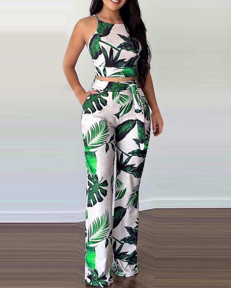 

Tropical Print Top & Pants Set, Green