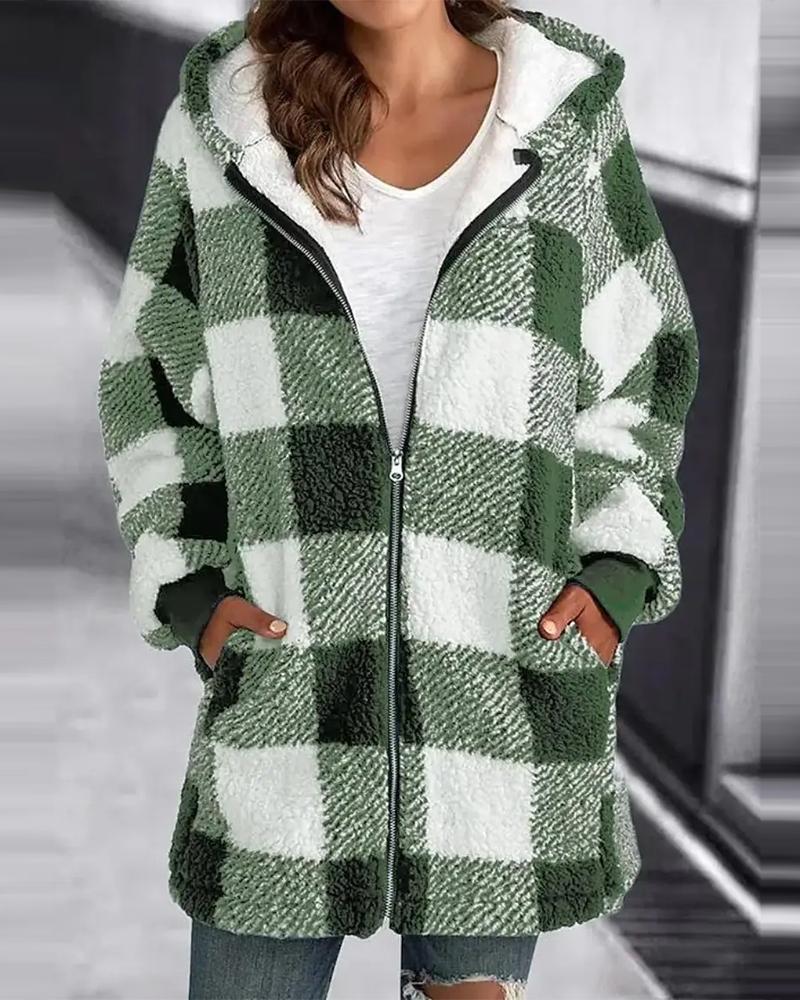 

Plaid Print Zipper Pocket Design Lined Hooded Coat, Green