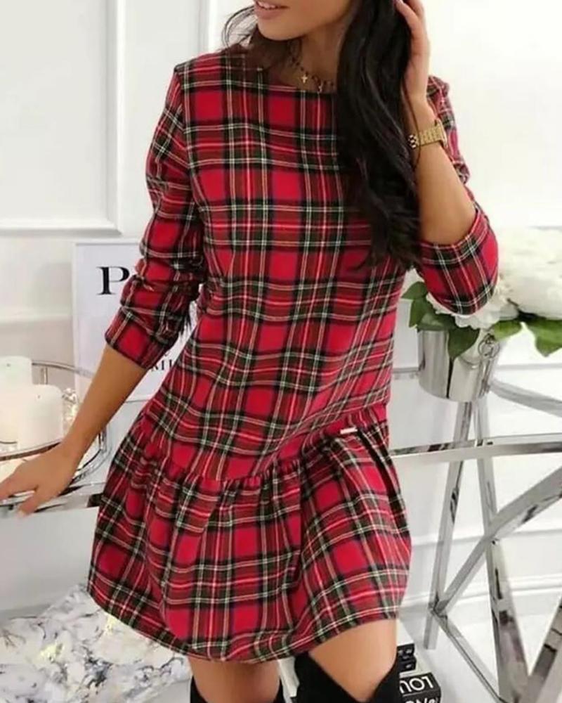 

Plaid Pattern Long Sleeve Ruffles Casual Dress, Red