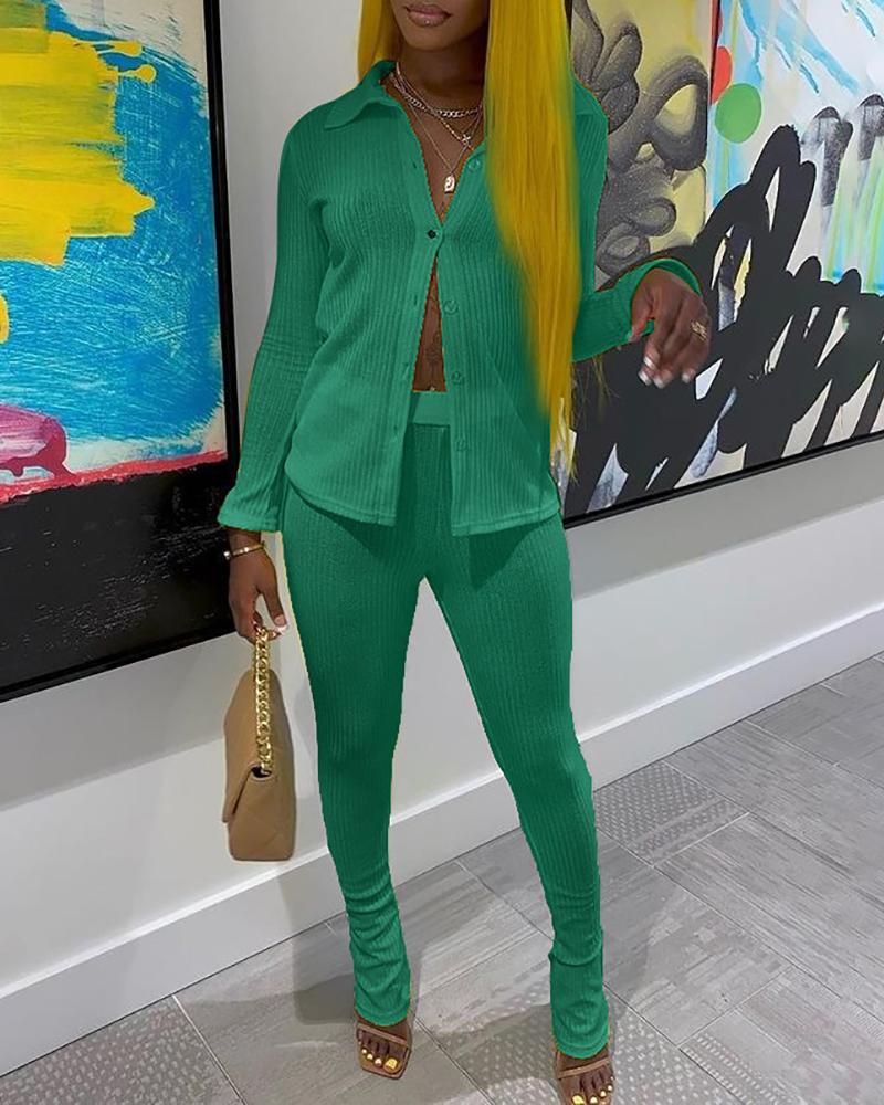 

Ribbed Long Sleeve Buttoned Top & Pants Set, Green