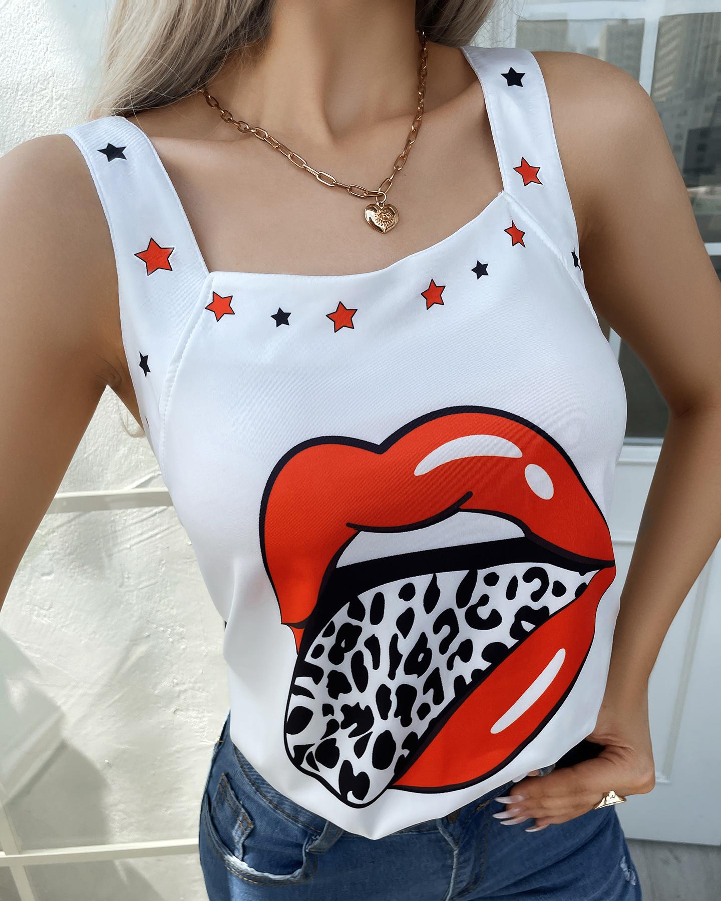 

Star Lip Leopard Print Tank Top, White