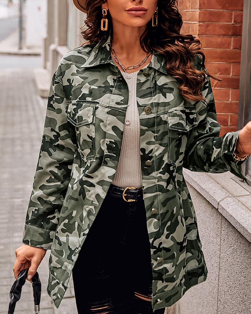 

Camouflage Print Long Sleeve Buttoned Shacket, Army green