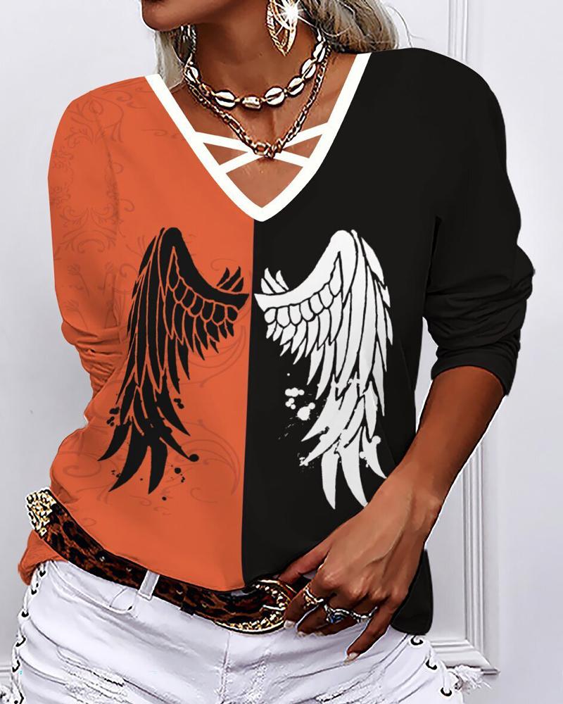 

Christmas Wing Print Colorblock Long Sleeve Top, Orange