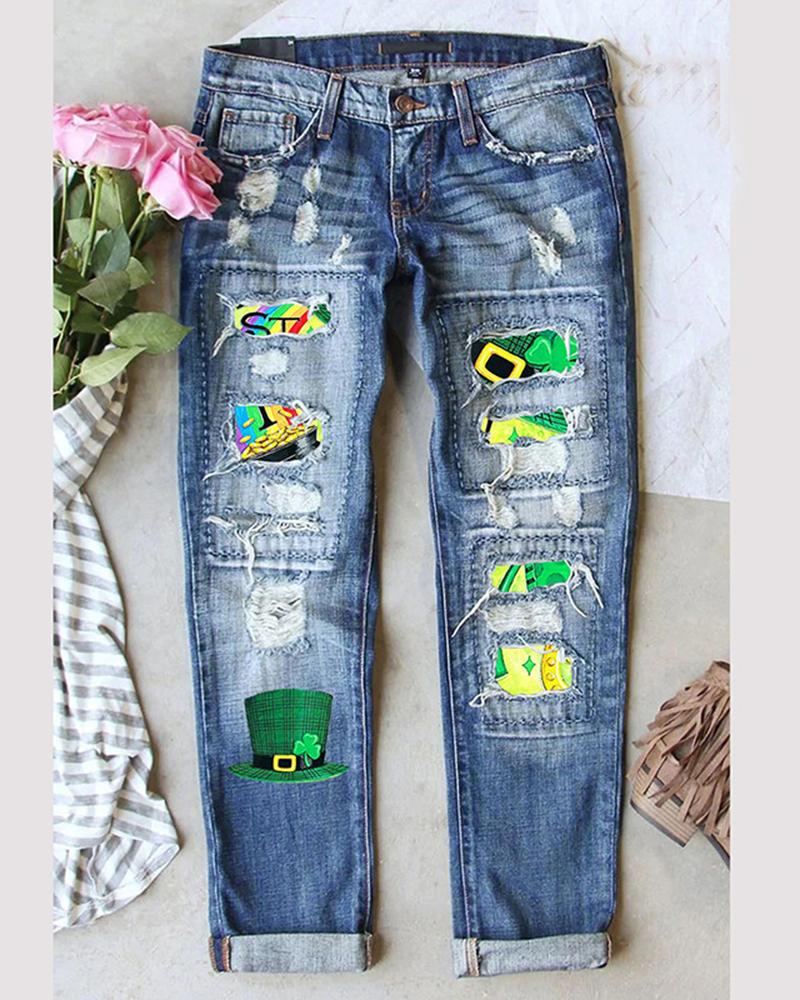 

St. Patrick' Day Clover Hat Letter Print Patchwork Jeans, Blue