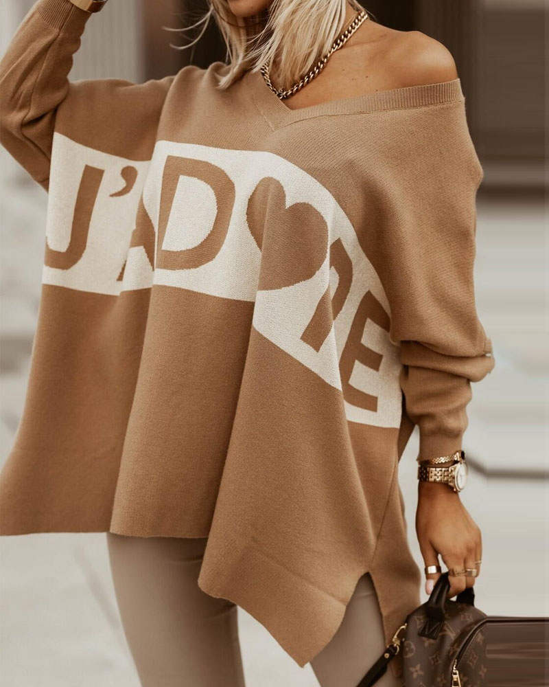 

Letter Heart Print Long Sleeve Split Hem Sweater, Khaki