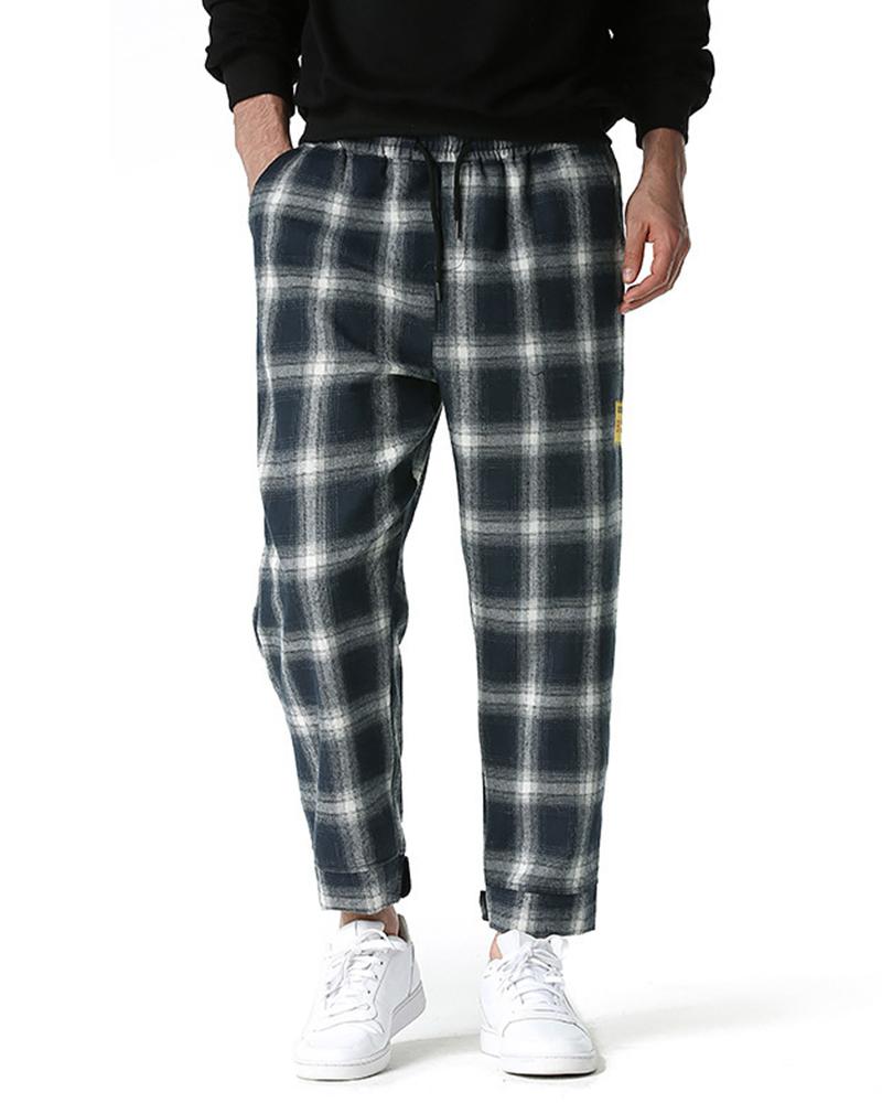 

Plaid Splicing Label Print Straight Pants, Purplish blue