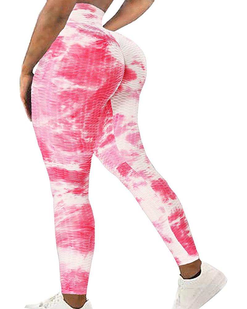 

Tie Dye Print Bubble Textured High Waist Yoga Pants Tummy Control Slimming Booty Leggings, Light pink