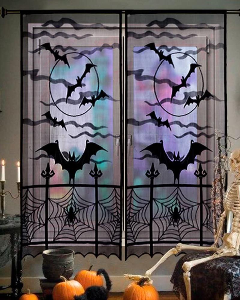 

Black Lace Halloween Window Curtains Spider Web Bats Door Curtain Panel Decor for Spooky Halloween Holiday Party Decoration, Style2