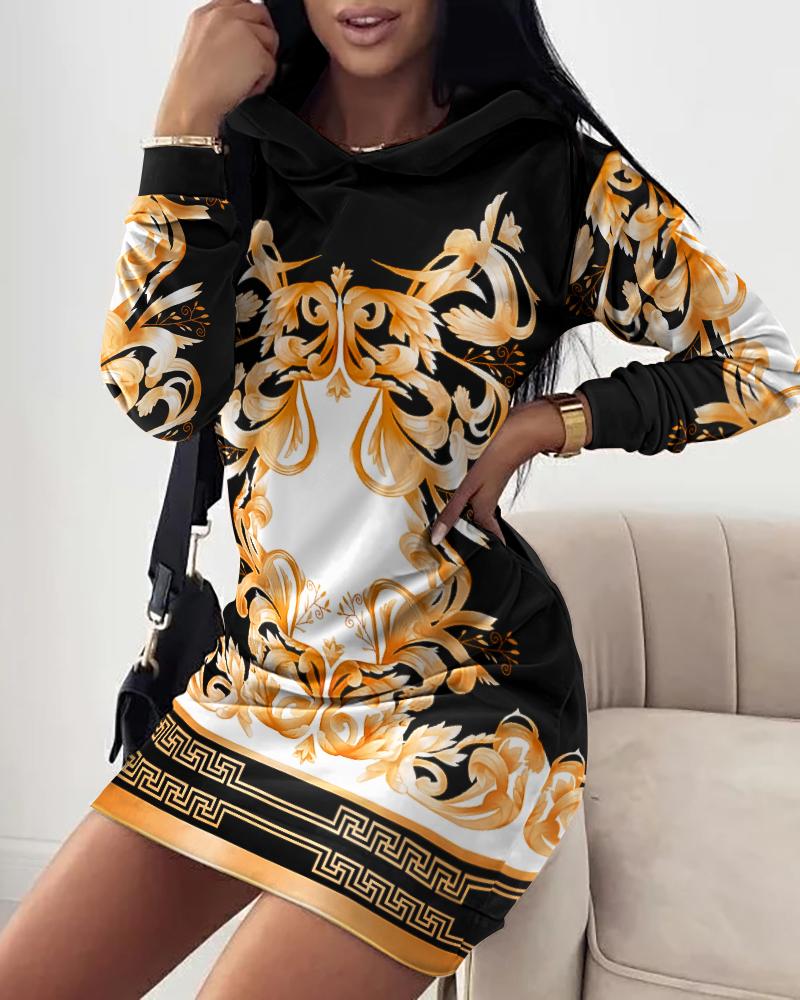 

Baroque Print Long Sleeve Sweatshirt Dress, Black