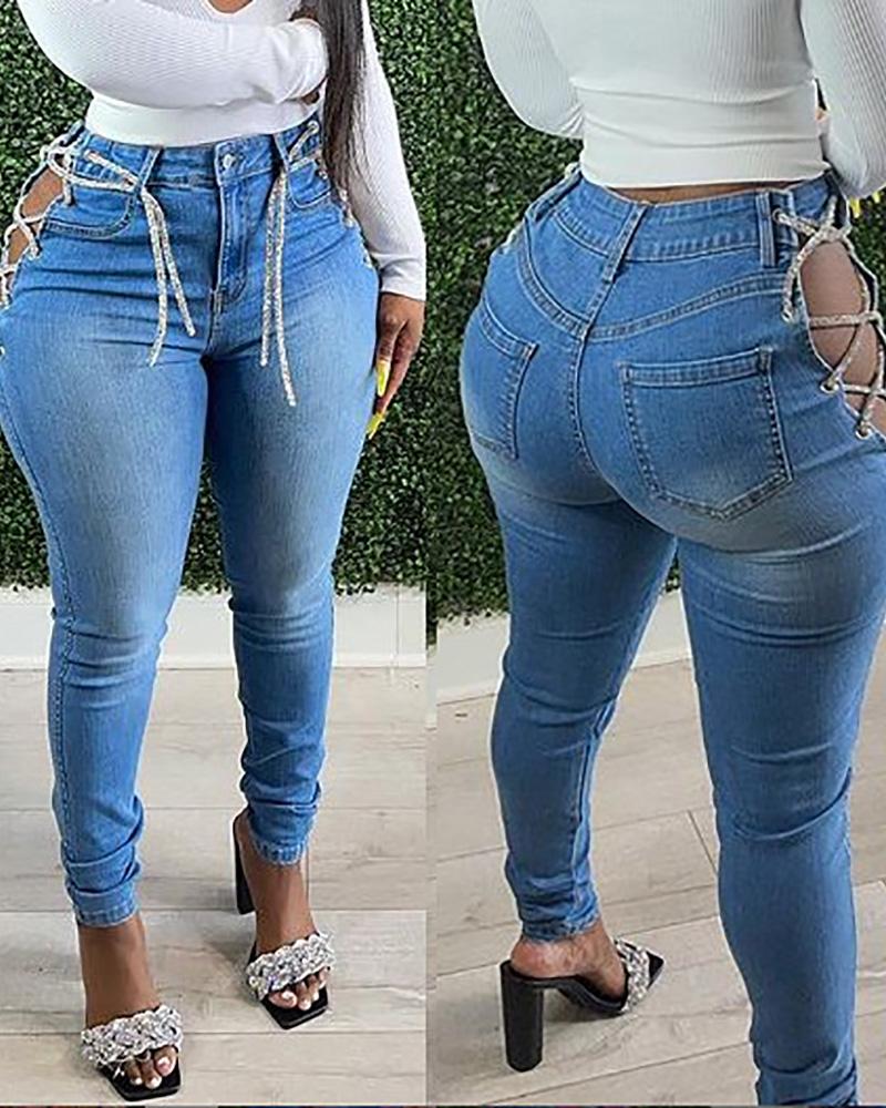 

Eyelet Lace-up Cutout High Waist Jeans, Blue