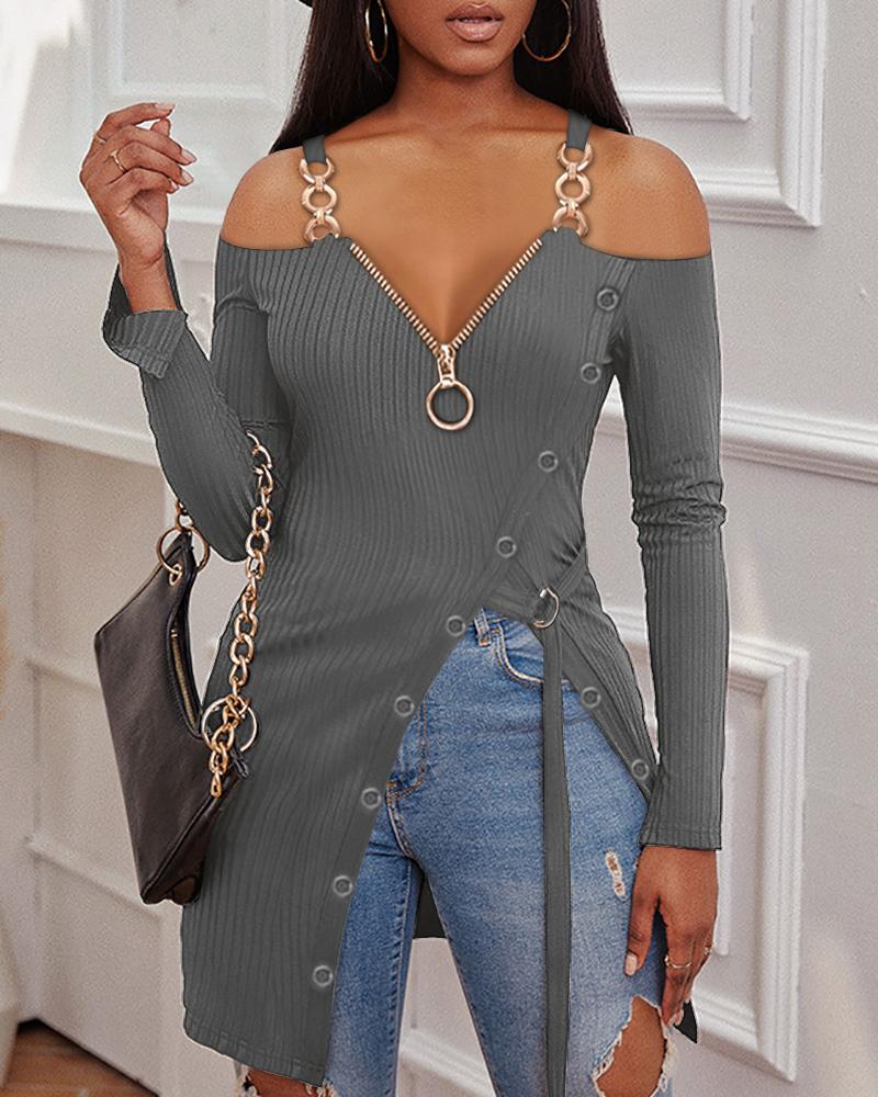 

Cold Shoulder Chain Strap High Split Zip Front Top, Gray