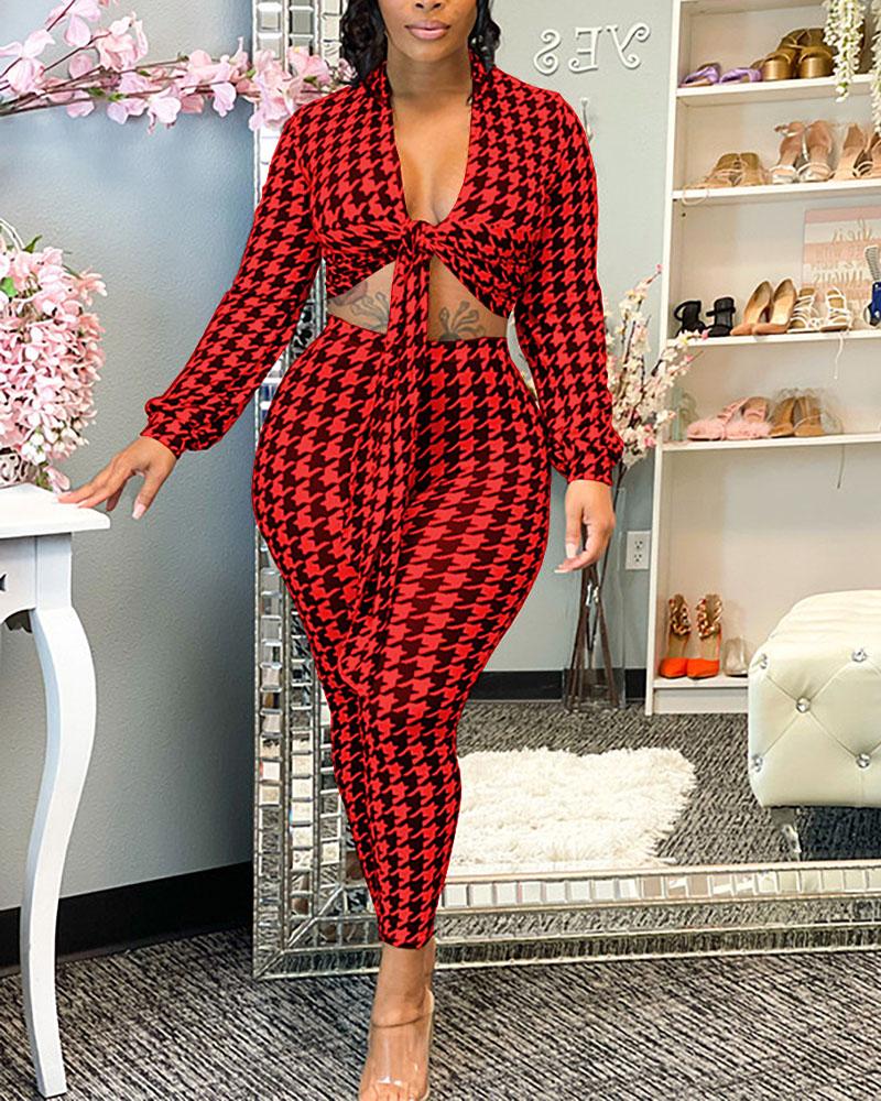 Houndstooth Print Knot Front Crop Top & Pants Set