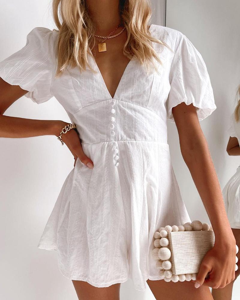 

Button Front Puff Sleeve Casual Romper, White