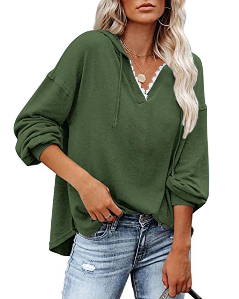 

Long Sleeve Lace Trim Hooded Sweatshirt, Green