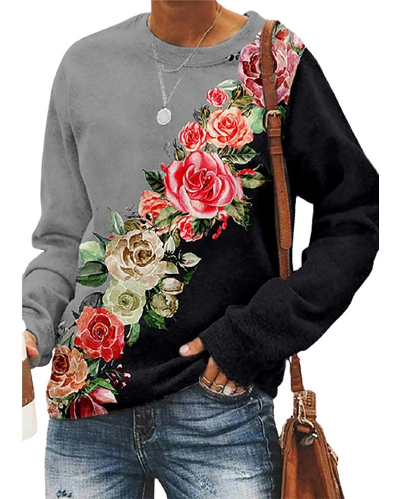 

Floral Print Colorblock Long Sleeve Top, Gray