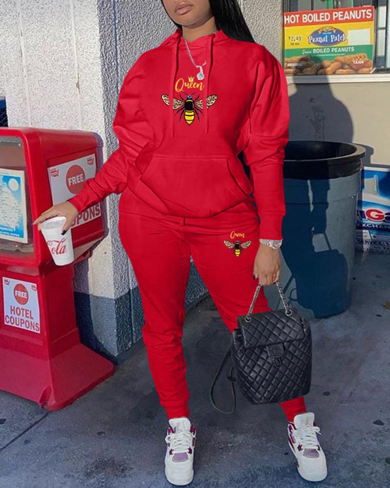 

Bee Pattern Hooded Top & High Waist Pants Set, Red