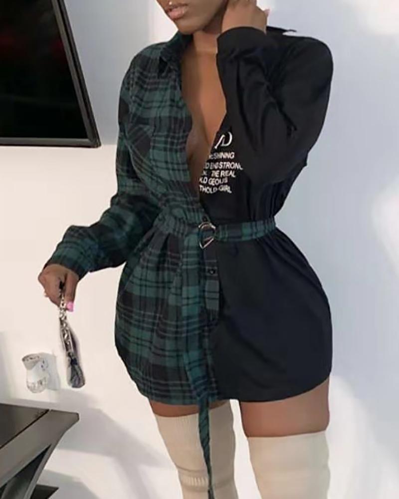 

Plaid Letter Print Colorblock Buttoned Shirt, Green