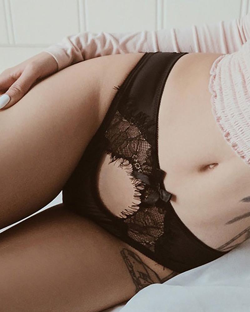 

Eyelash Lace Cutout Bowknot Design Panty, Black
