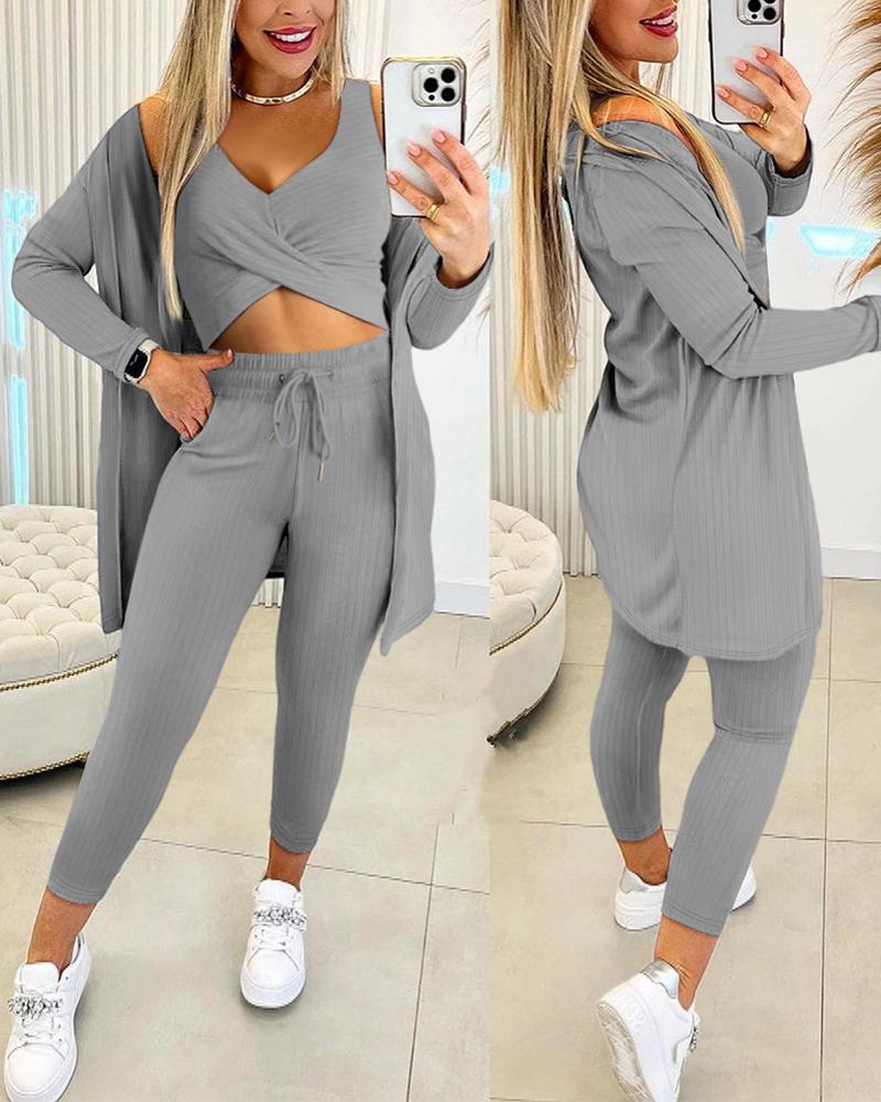 

3PCS Ribbed Criss Cross Crop Top & Drawstring Pants Set With Coat, Gray