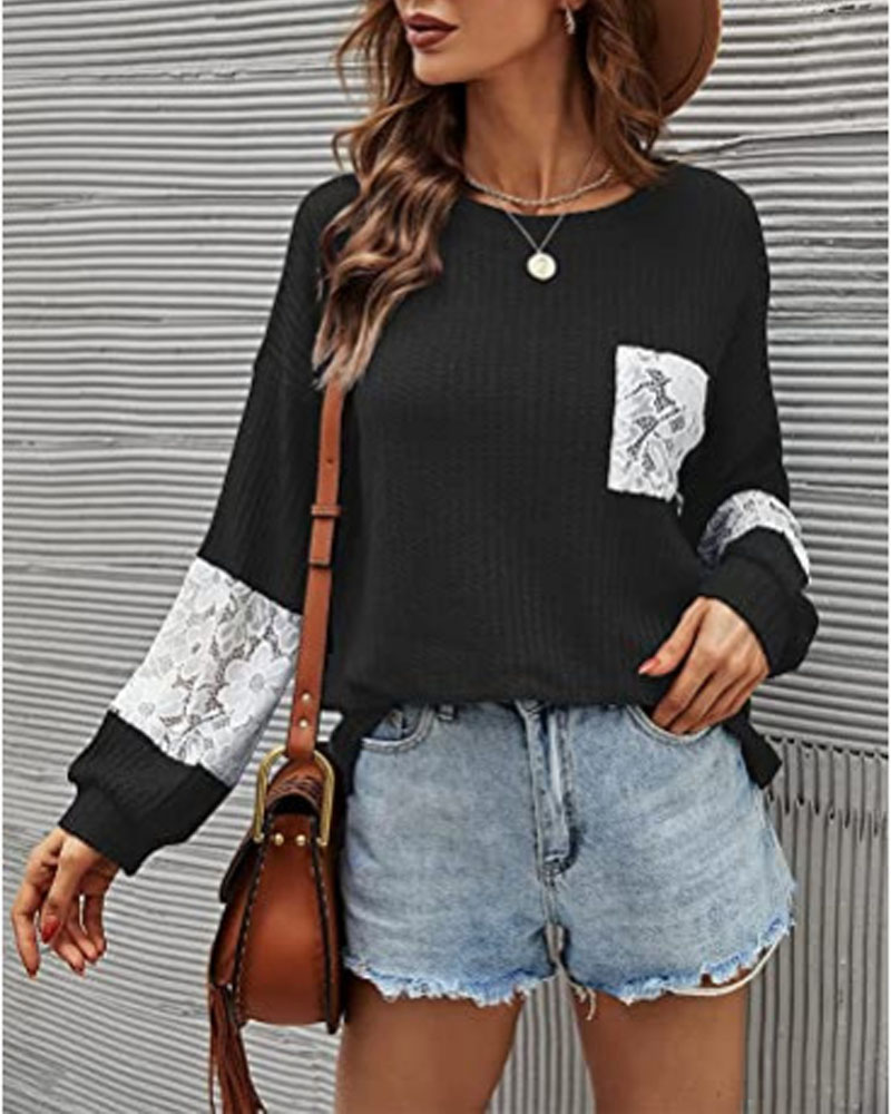 

Contrast Lace Long Sleeve Knit Top, Black
