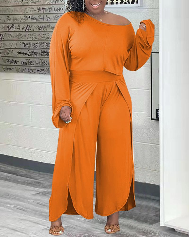 

Plus Size Long Sleeve Top & Side Slit Pants Set, Orange