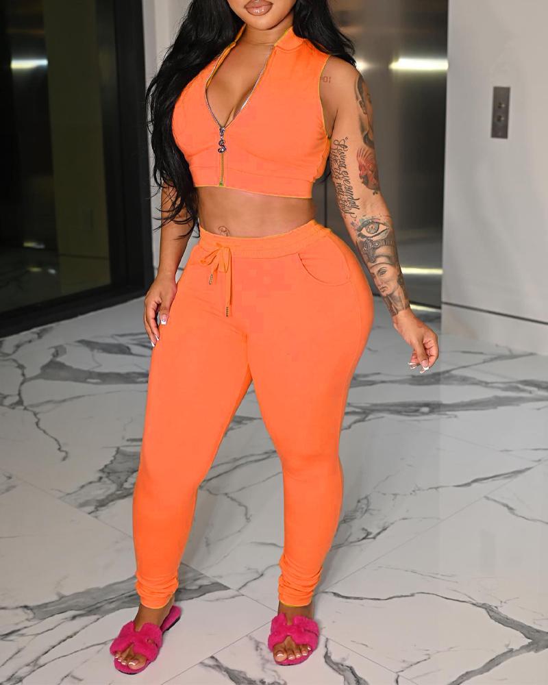 

Sleeveless Zip Up Crop Top & Drawstring Pants Set, Orange