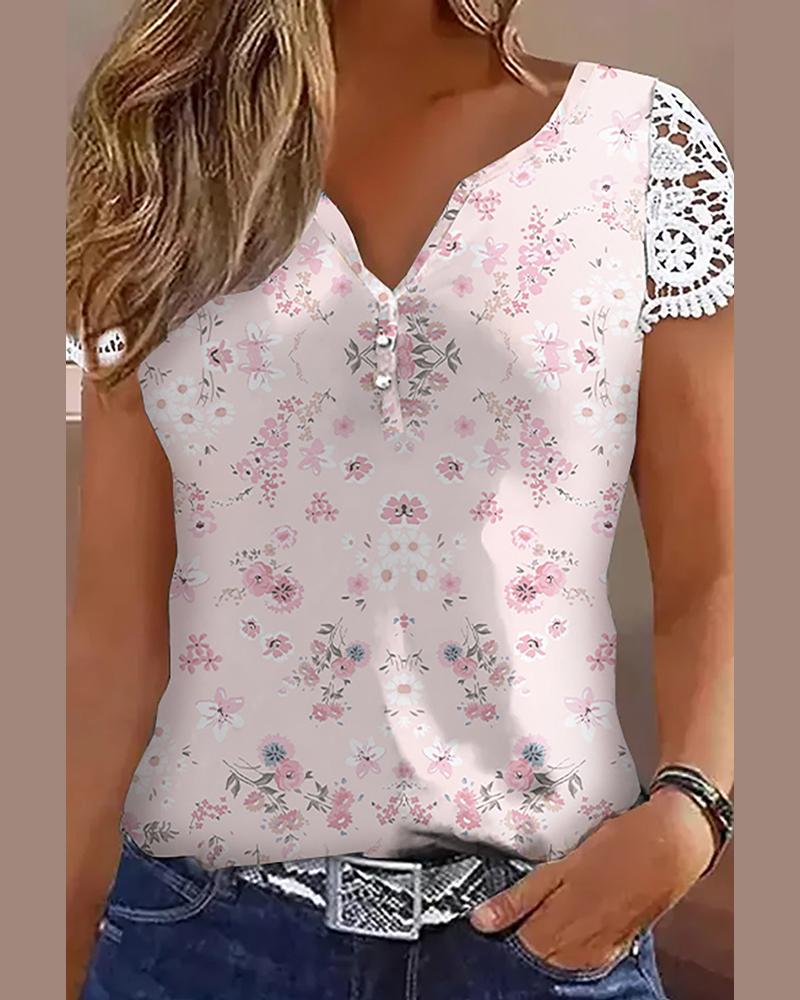 

Pink Ditsy Floral Print Notch Neck Lace Patch Top