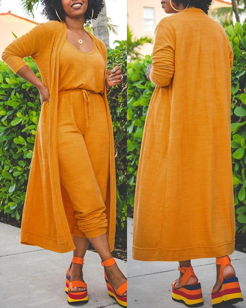 

Drawstring V-Neck Jumpsuit & Long Sleeve Cardigan Set, Yellow