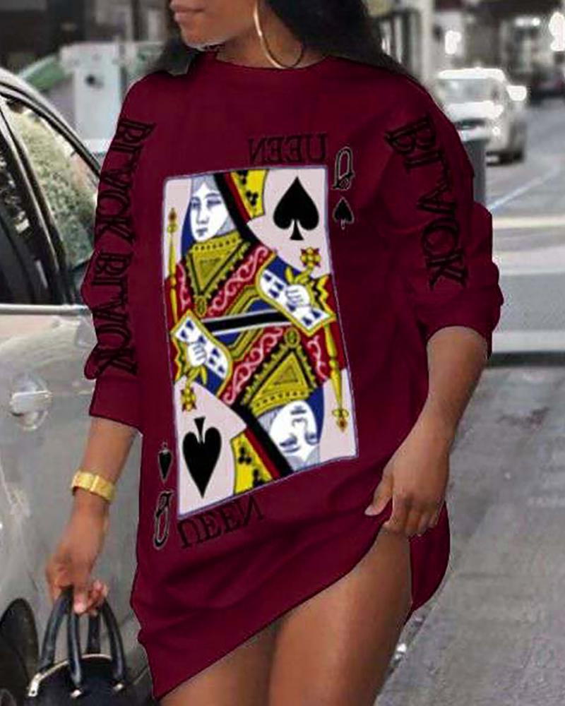 

Poker Letter Print Long Sleeve Casual Dress, Red