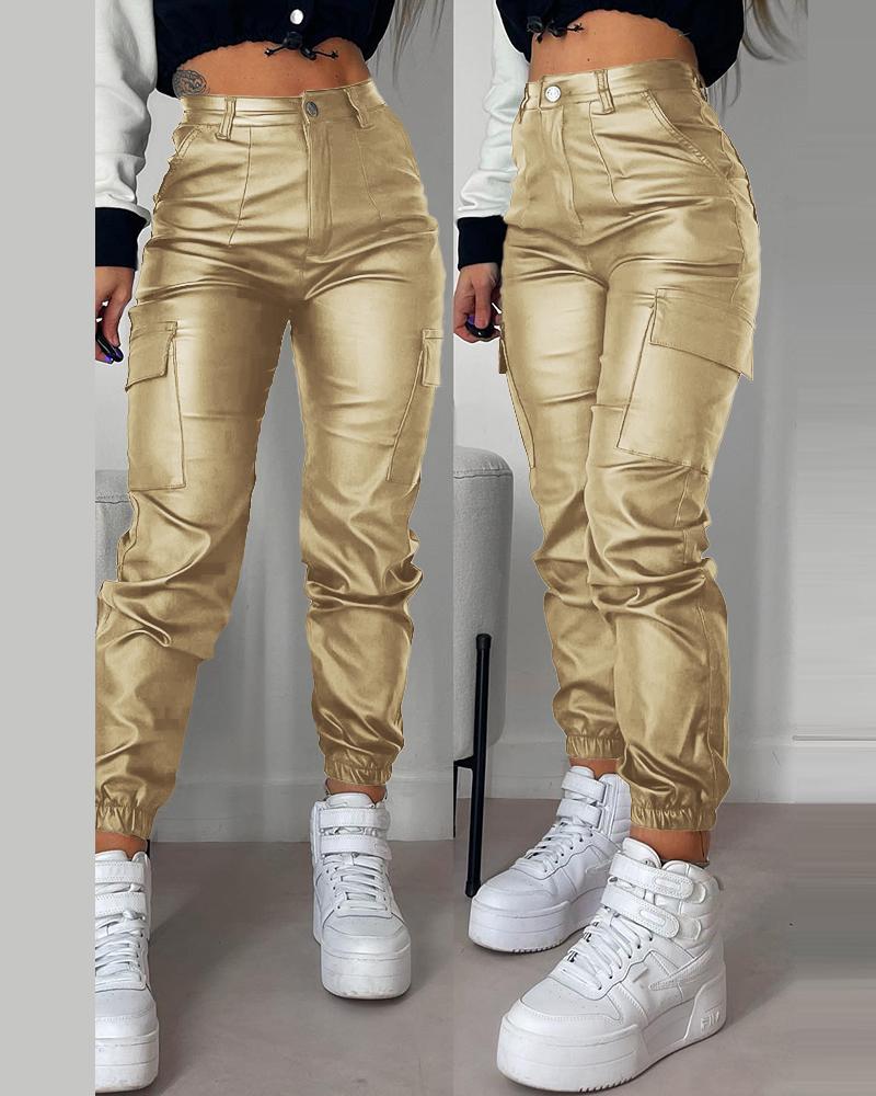 Pocket Design Cuffed PU Leather Pants