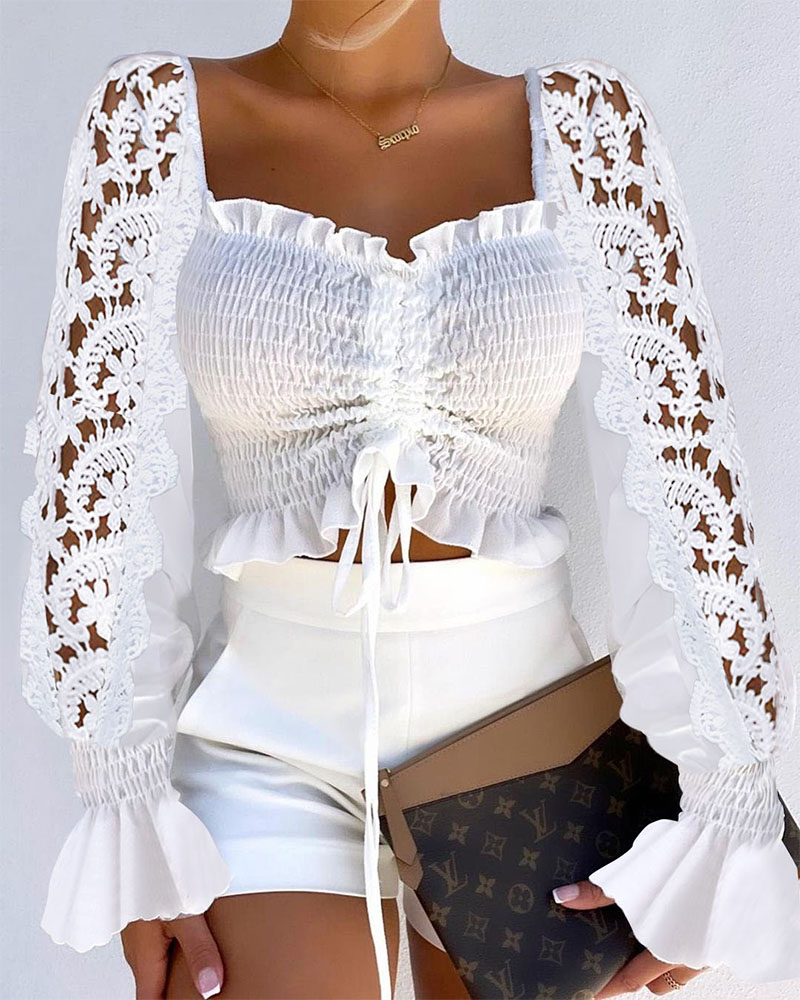 

Plain Contrast Lace Flared Sleeves Frill Hem Drawstring Shirred Crop Top, White
