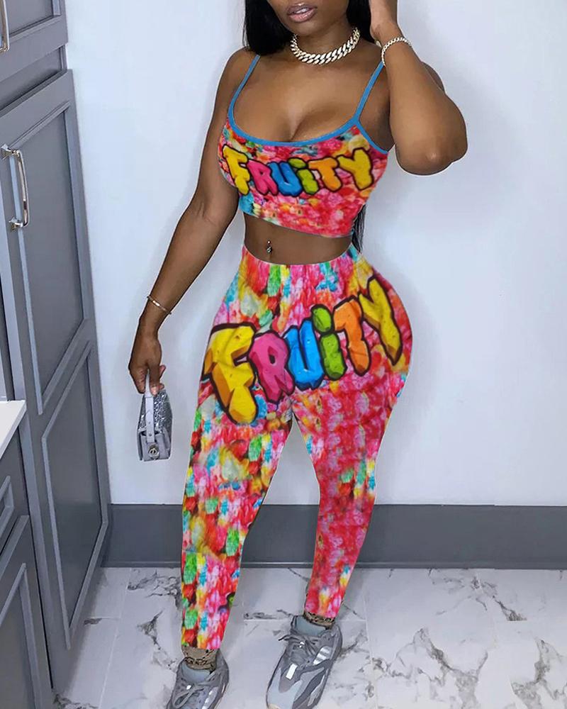 

Letter Cartoon Print Crop Top & High Waist Pants Set, Multicolor