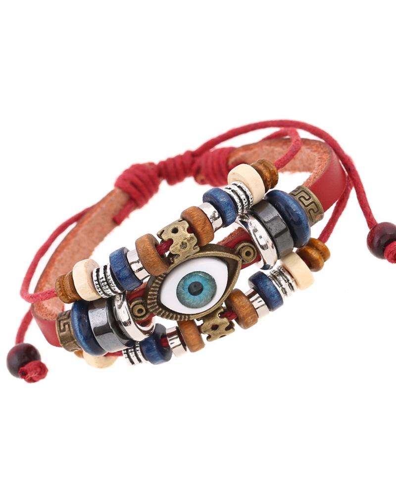 

1pc Bohemian Multi-layer Blue Eye Beaded Bracelet, Red