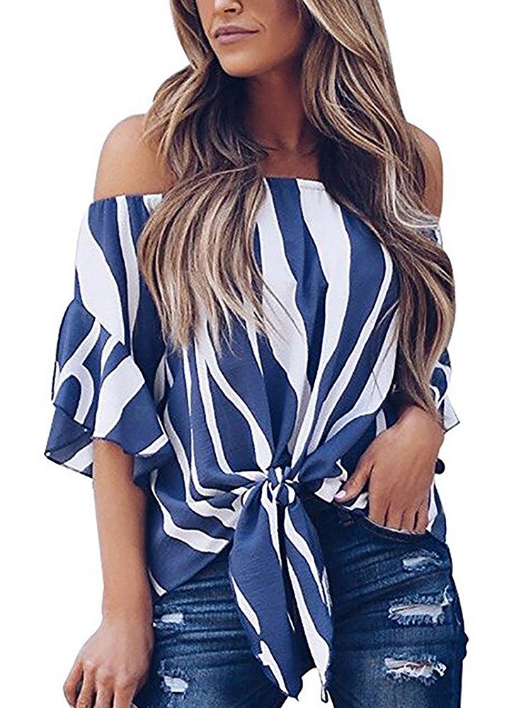 

Striped Knot Front Flared Sleeve Bardot Blouse, Blue