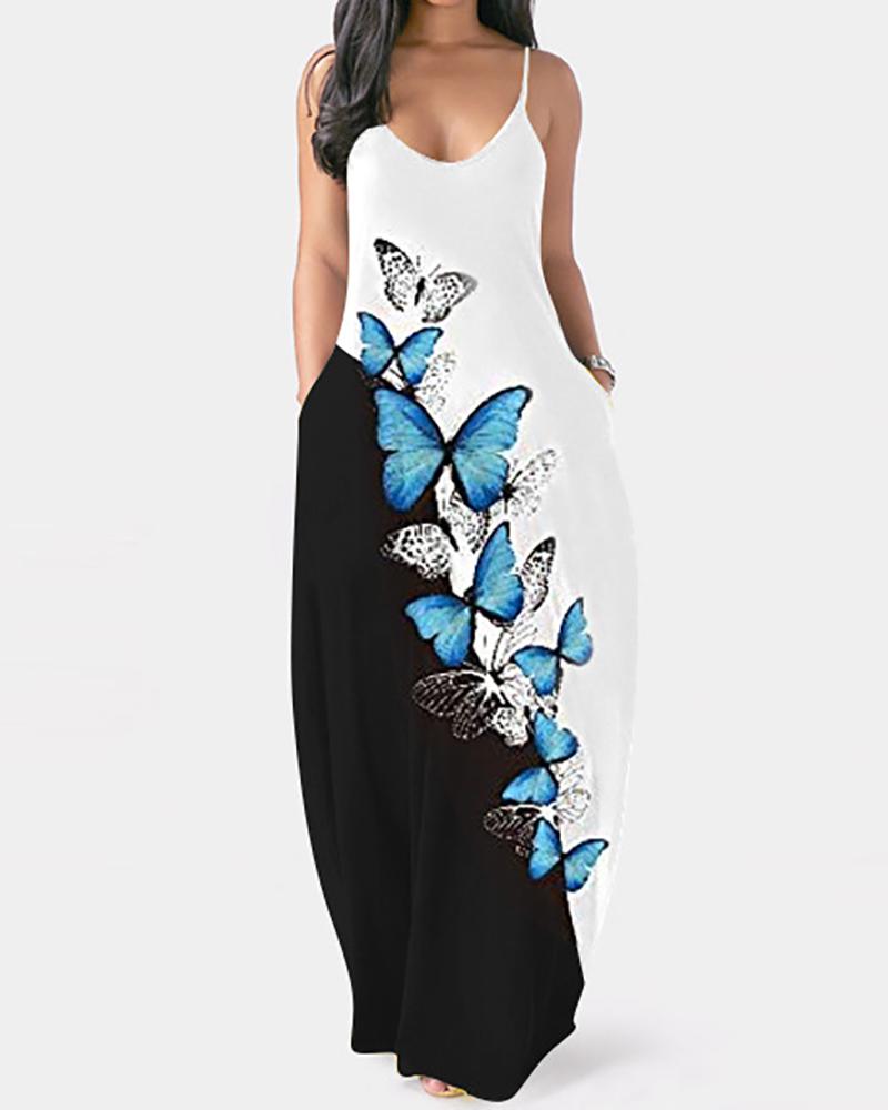 

Butterfly Print Colorblock Pocket Design Maxi Dress, Multicolor
