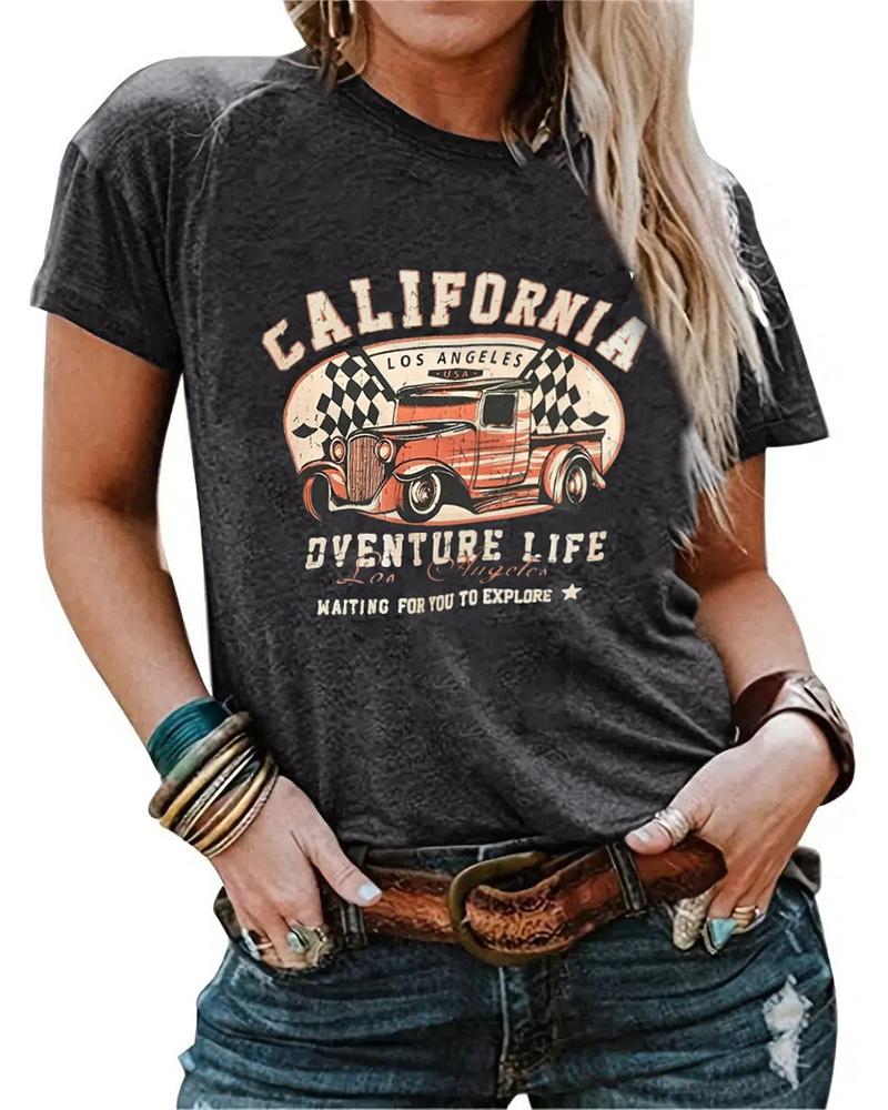 

California Adventure Life Print T-shirt Western Country Music Graphic Tee, Gray